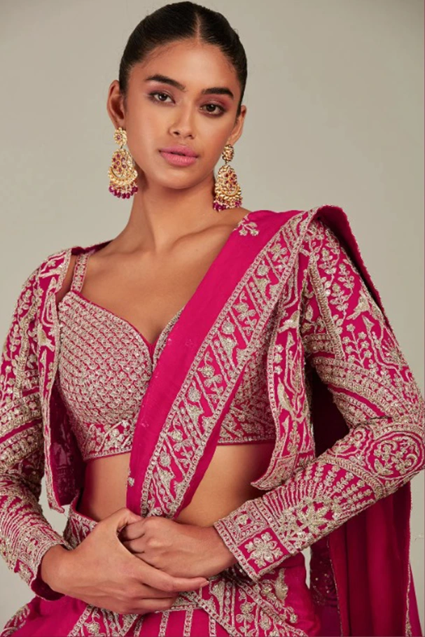 Hot Pink Croptop And Skirt Lehenga - Image 2