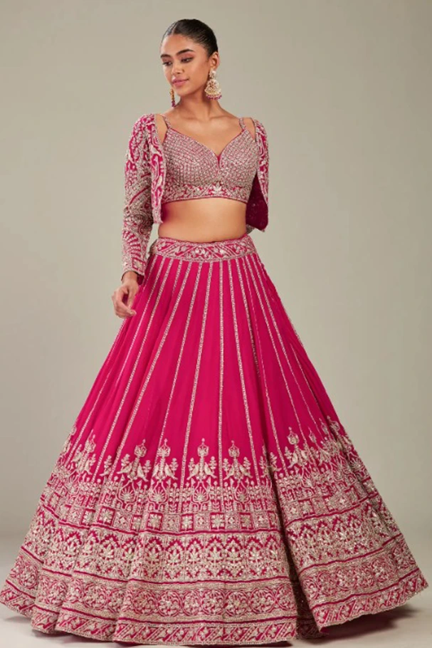 Hot Pink Croptop And Skirt Lehenga - Image 3